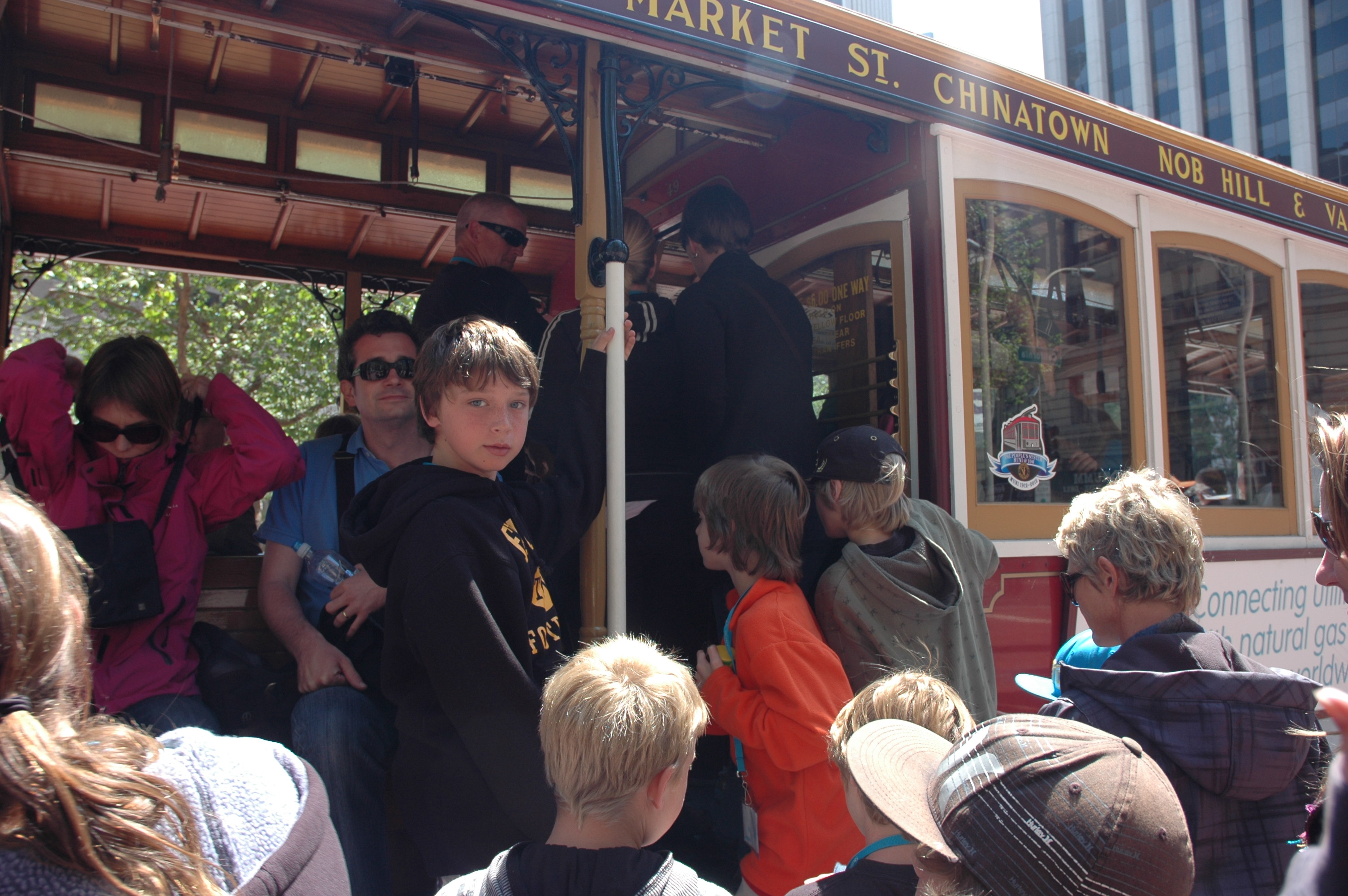 students riding a trolley on a field trip to San Francisco